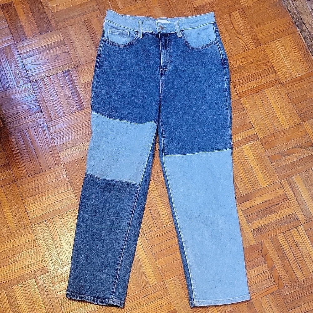 Cello High Rise Patchwork Denim Straight Leg Jeans Size 9 Cotton Stretch NWOT